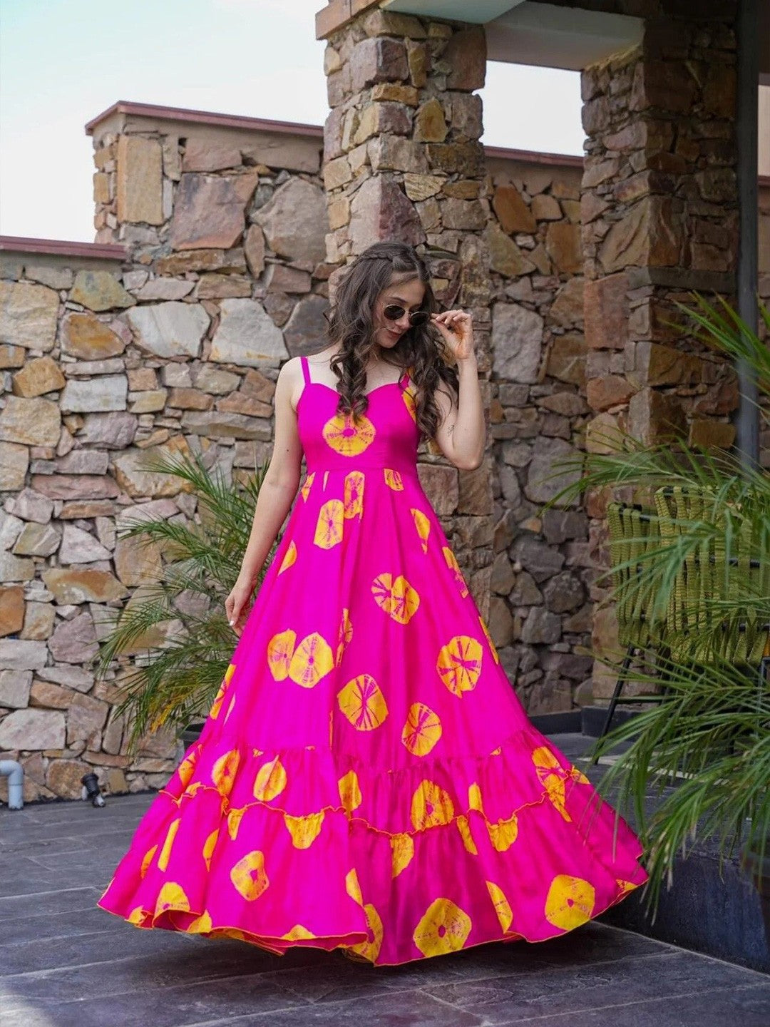 Lorenvalley Magenta Rayon Floral Print Fit & Flare Gown