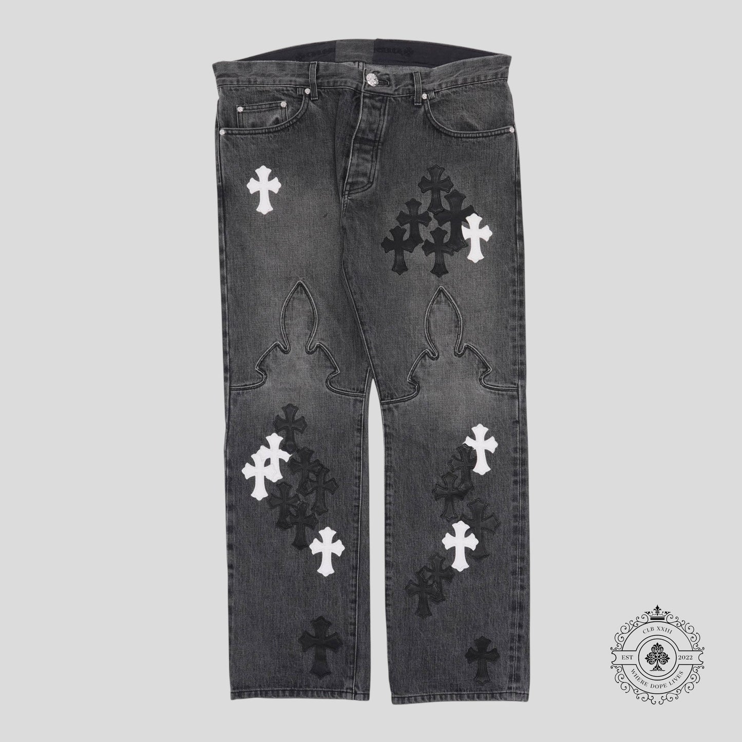 Chrome Hearts Fleur Knee Cross Patch Jeans in Black / White