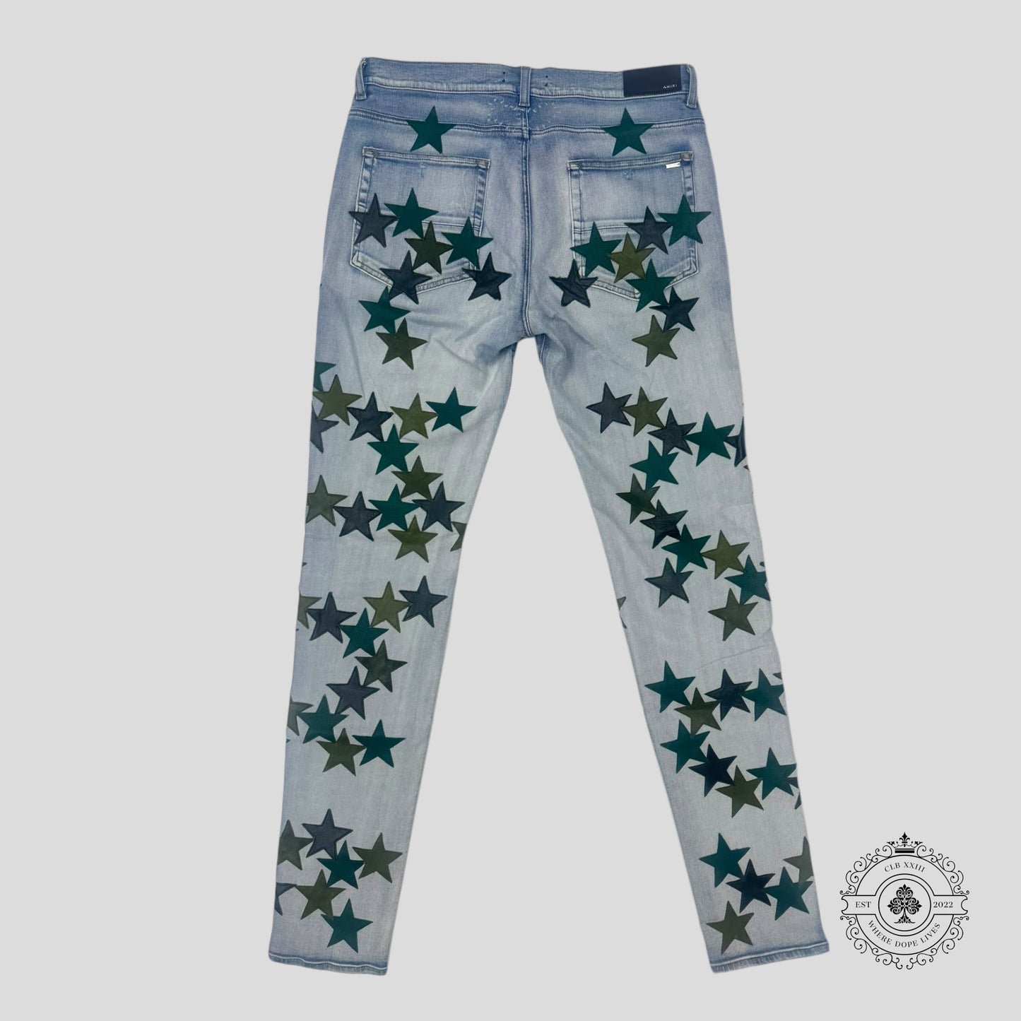 Amiri Chemist Star Patch Jeans in Light Indigo / Green