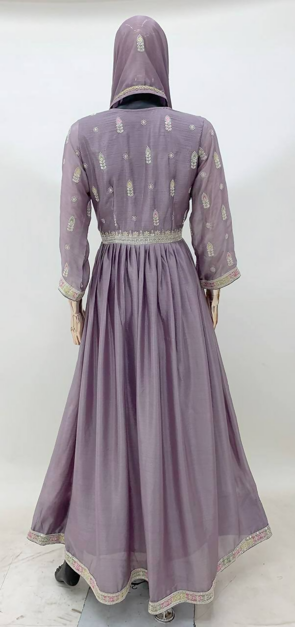 Lorenvalley Fashion Lavender Chinon Embroidery With Sequince Work Gown Stitched