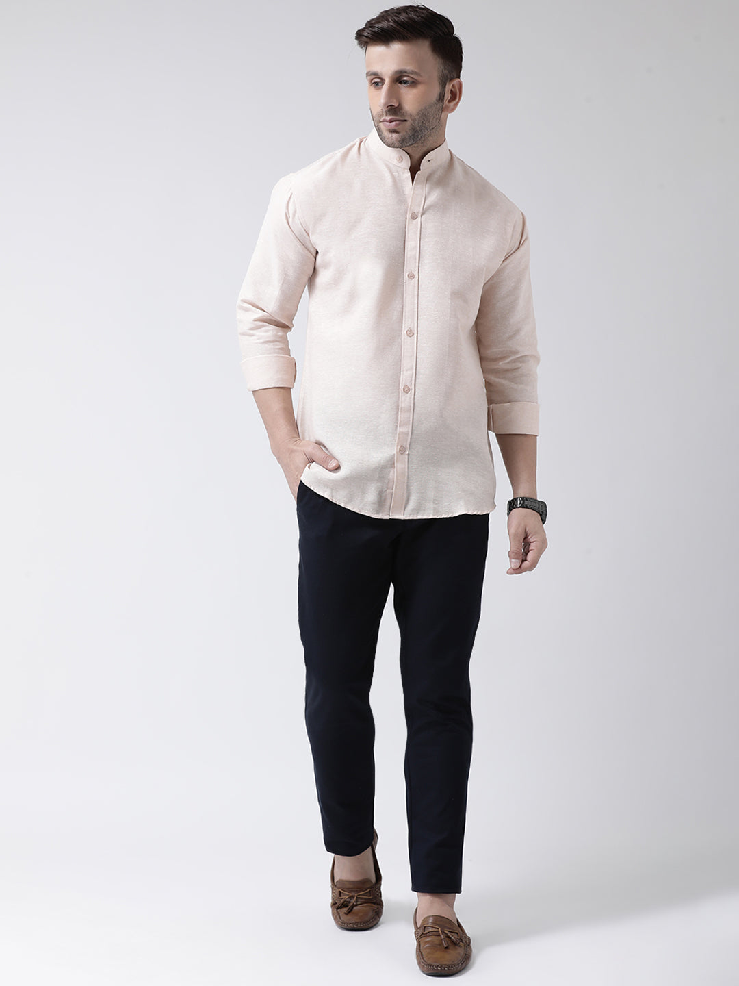 RIAG Beige Men's Chinese Collar Full Sleeves Shirt