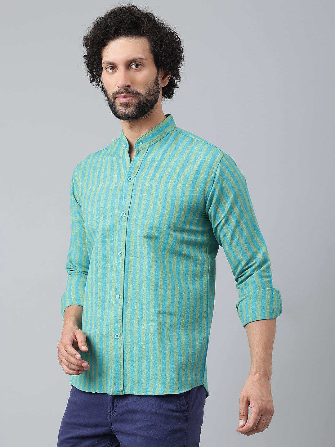 RIAG Blue Men's Chinese Collar Full Sleeves Shirt