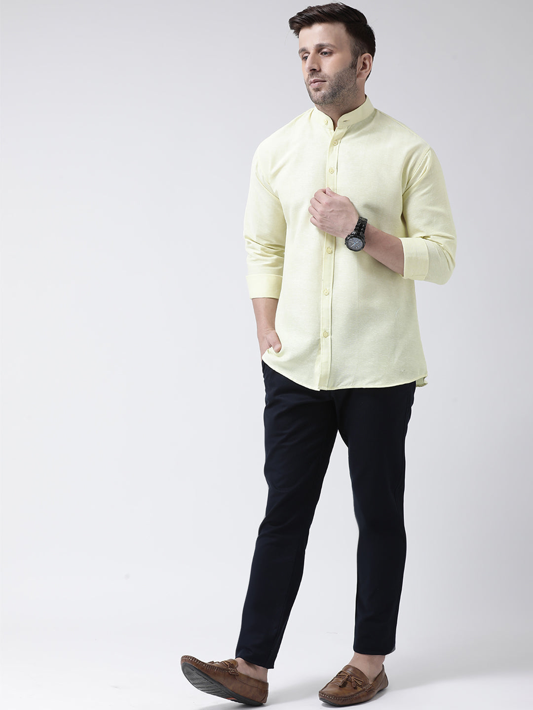 RIAG Yellow Men's Chinese Collar Full Sleeves Shirt