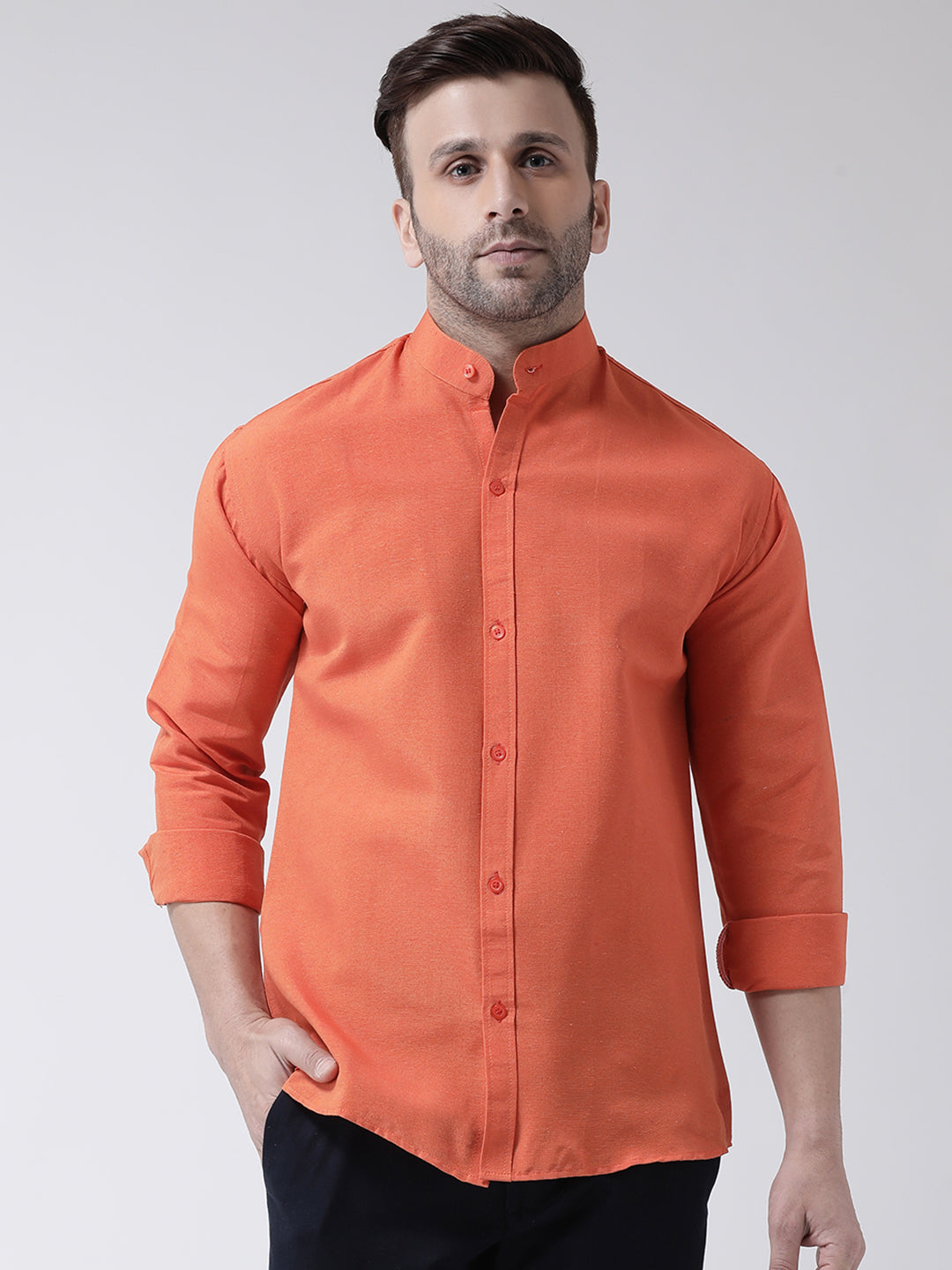 RIAG Orange Men's Chinese Collar Full Sleeves Shirt