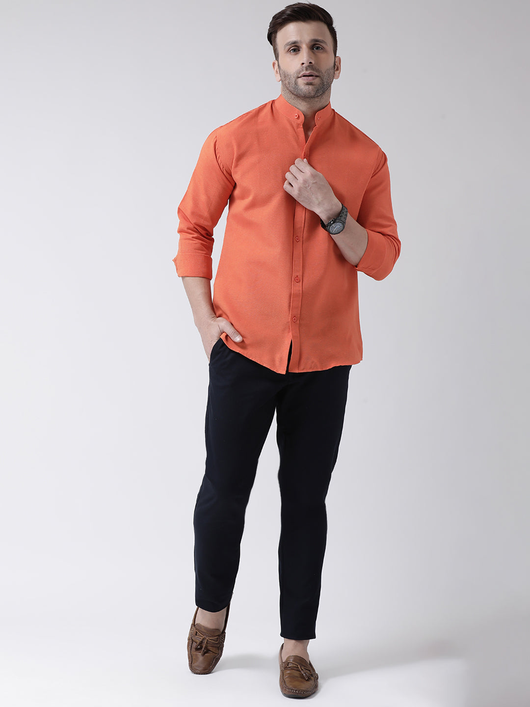 RIAG Orange Men's Chinese Collar Full Sleeves Shirt