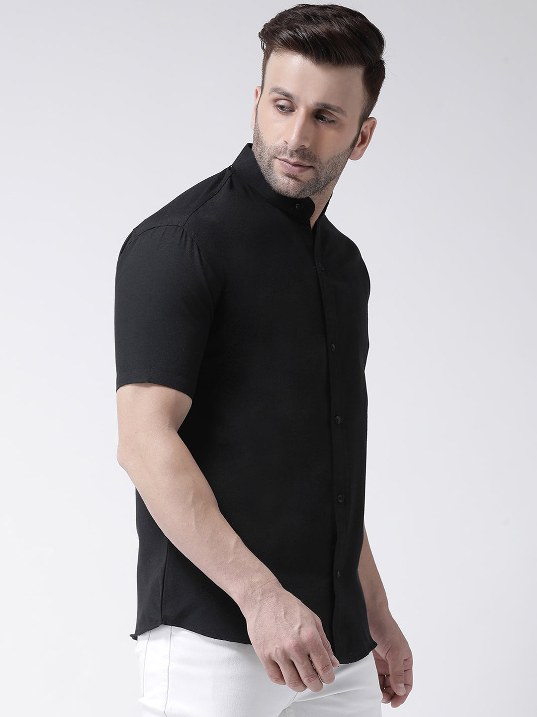 RIAG Black Men's Chinese Collar Half Sleeves Shirt