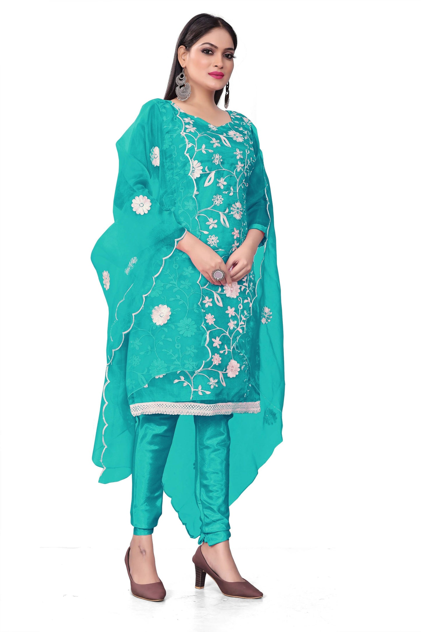 Sea Green Organza Silk Embroidered Work Unstitched Dress Material - Tanvi