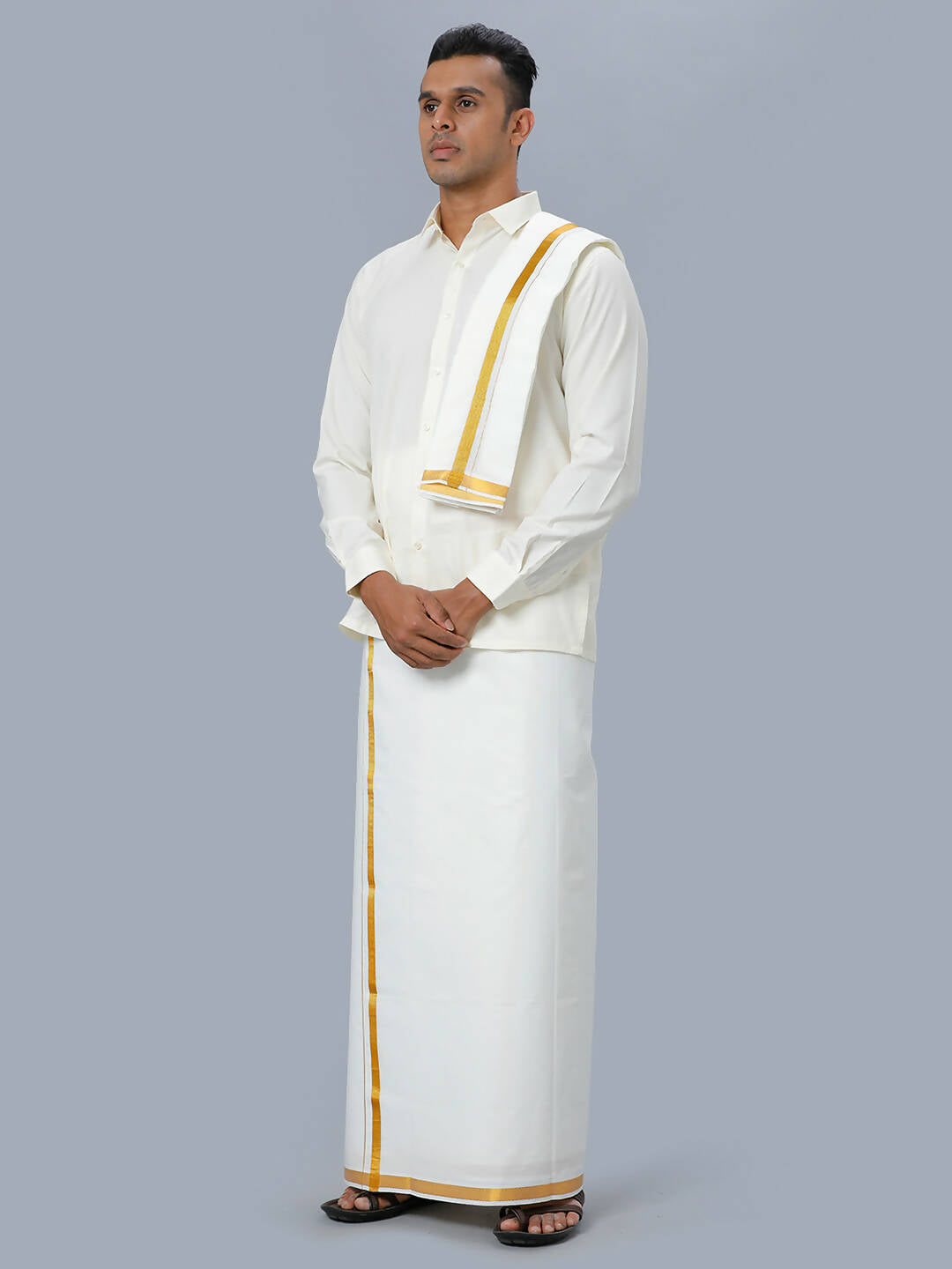 Ramraj Cotton Mens Wedding Set Cream Regular Dhoti, Shirt & Towel