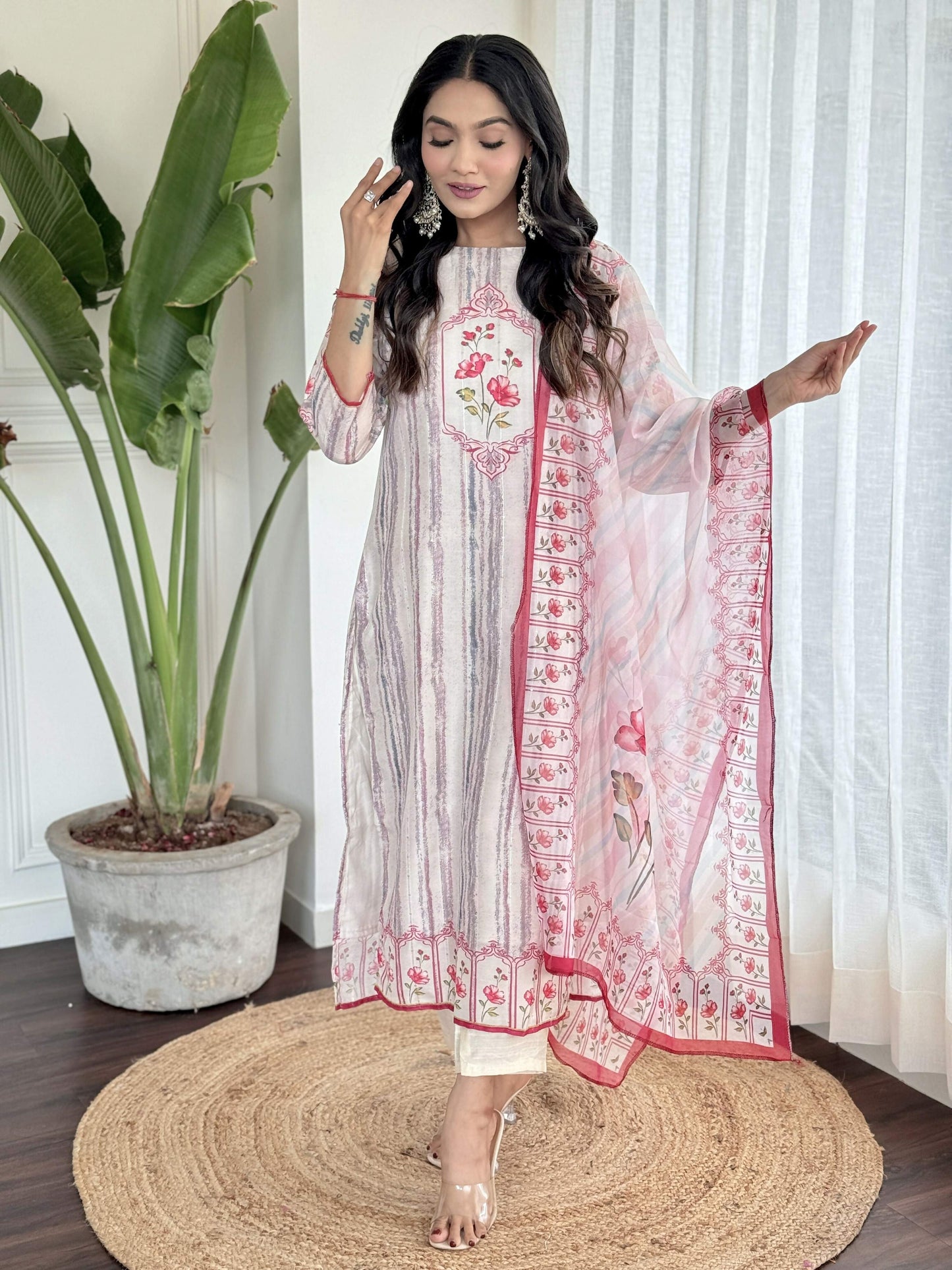 White Multi Viscose Chanderi Stitched Suit With Dupatta - Tanisha