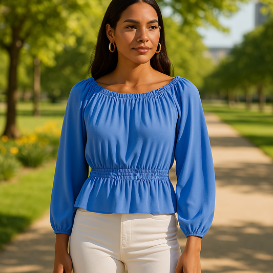 Ralph Lauren Top Blouse Peplum Jersey Ruffle Off-the-Shoulder Petite Size PM