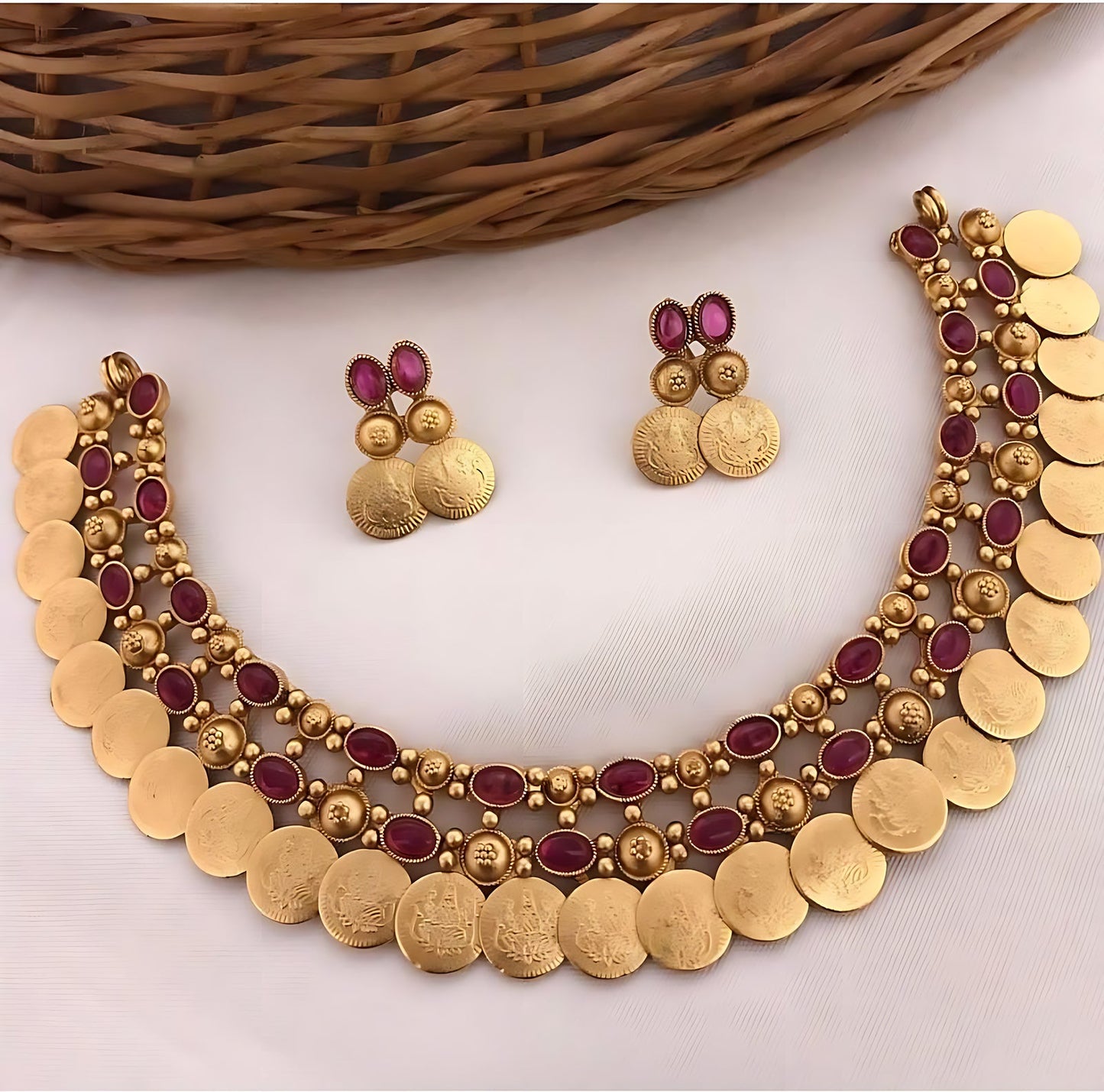 Jewel City Gold-Tone Coin Necklace Set with Emerald and Ruby Gemstones