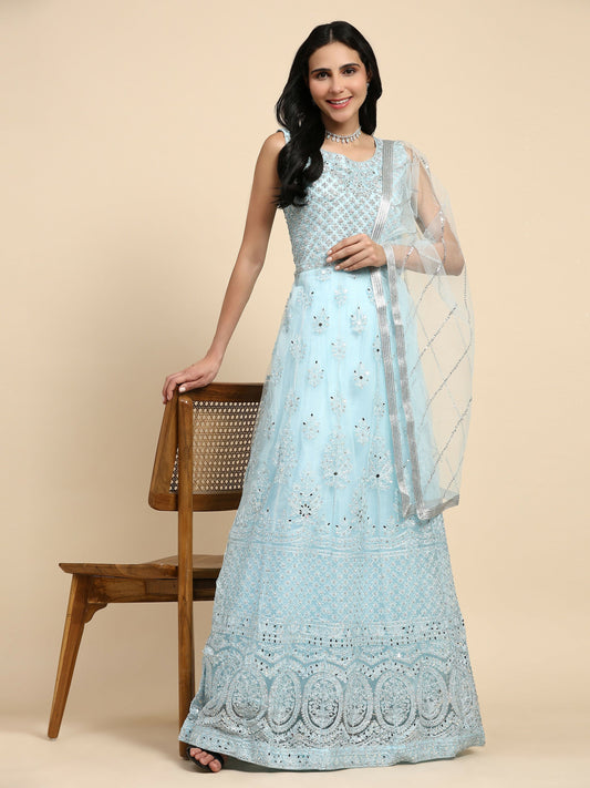 Blue Net Hand Embroidered Gown - Rudrani
