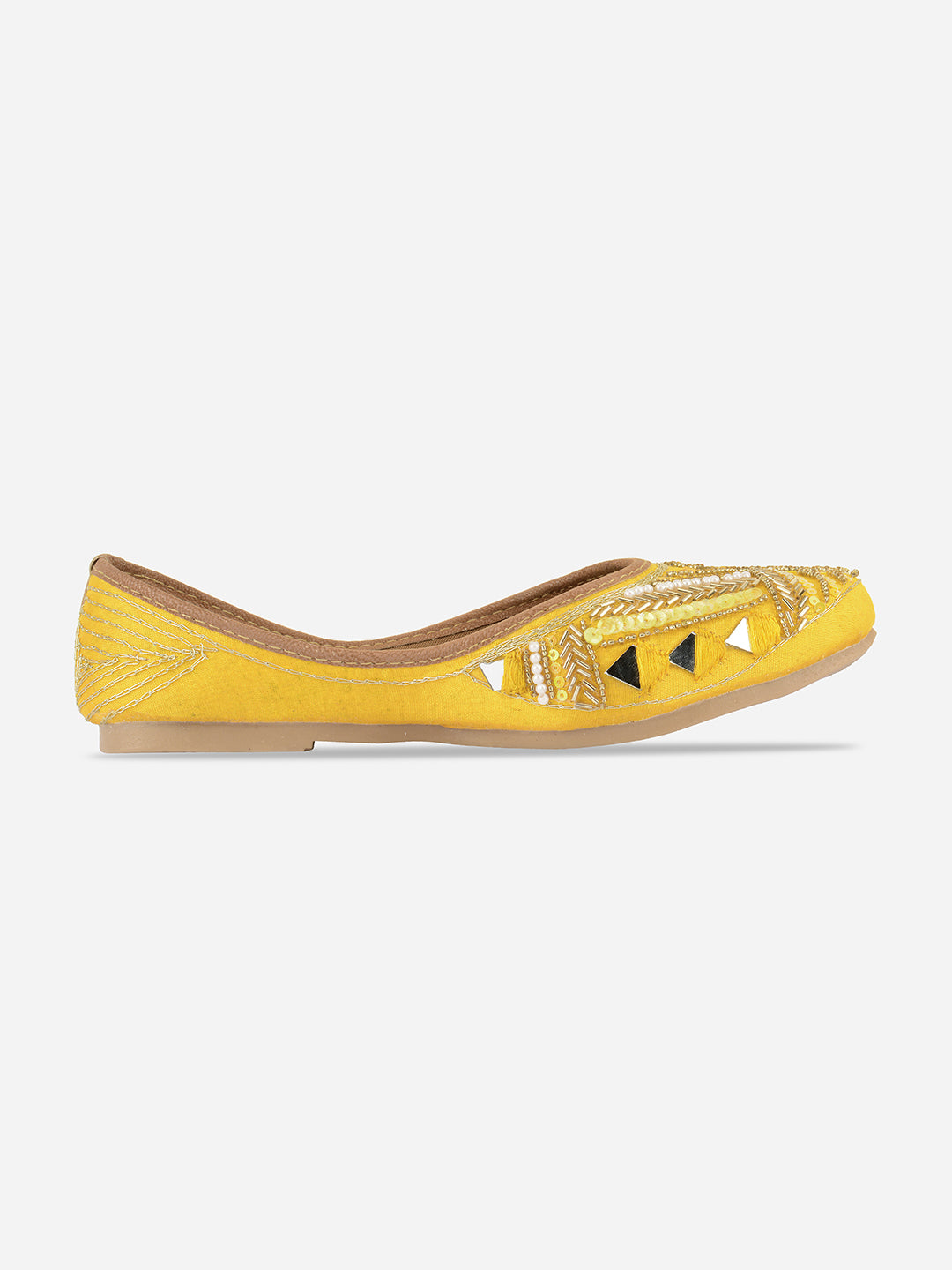 Desi Colour Women Indian Ethnic Footwear-Yellow Mirror Emb