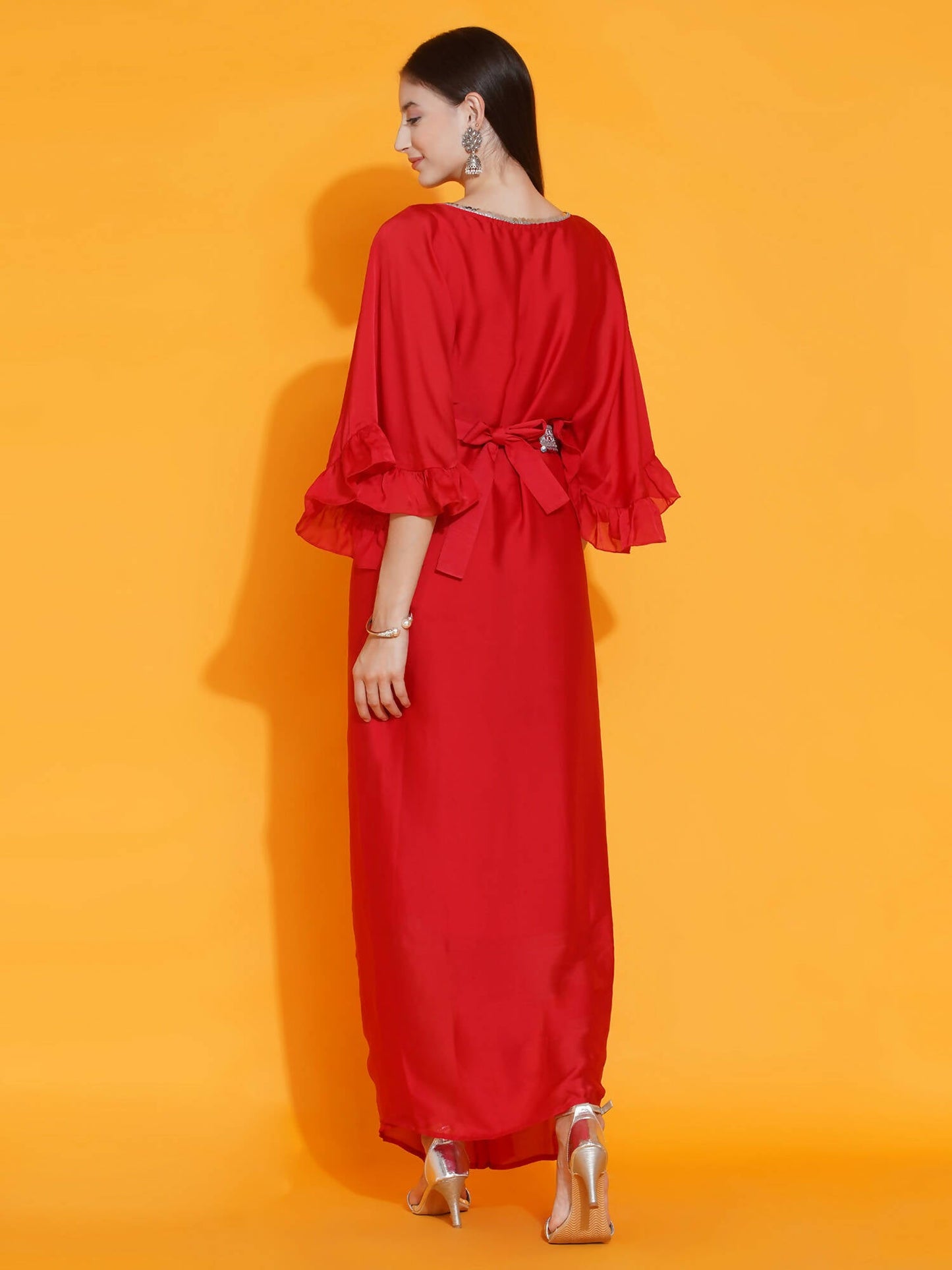 Women Republic Red Georgette Gown With Embellished Belt
