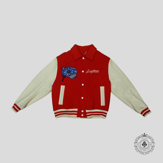 Louis Vuitton x Yayoi Kusama Psychedelic Flower Embossed Monogram Sleeve Varsity Jacket in Red/White
