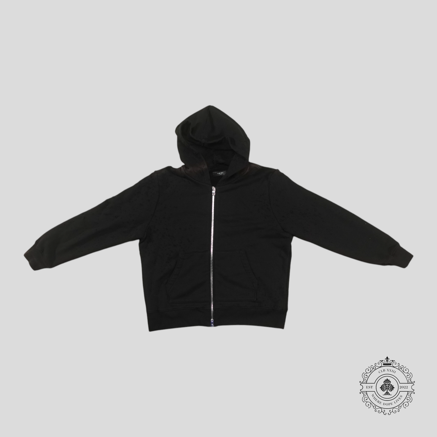 Amiri Shotgun Distressed Shoulder Bleached Zip Up Hoodie in Black