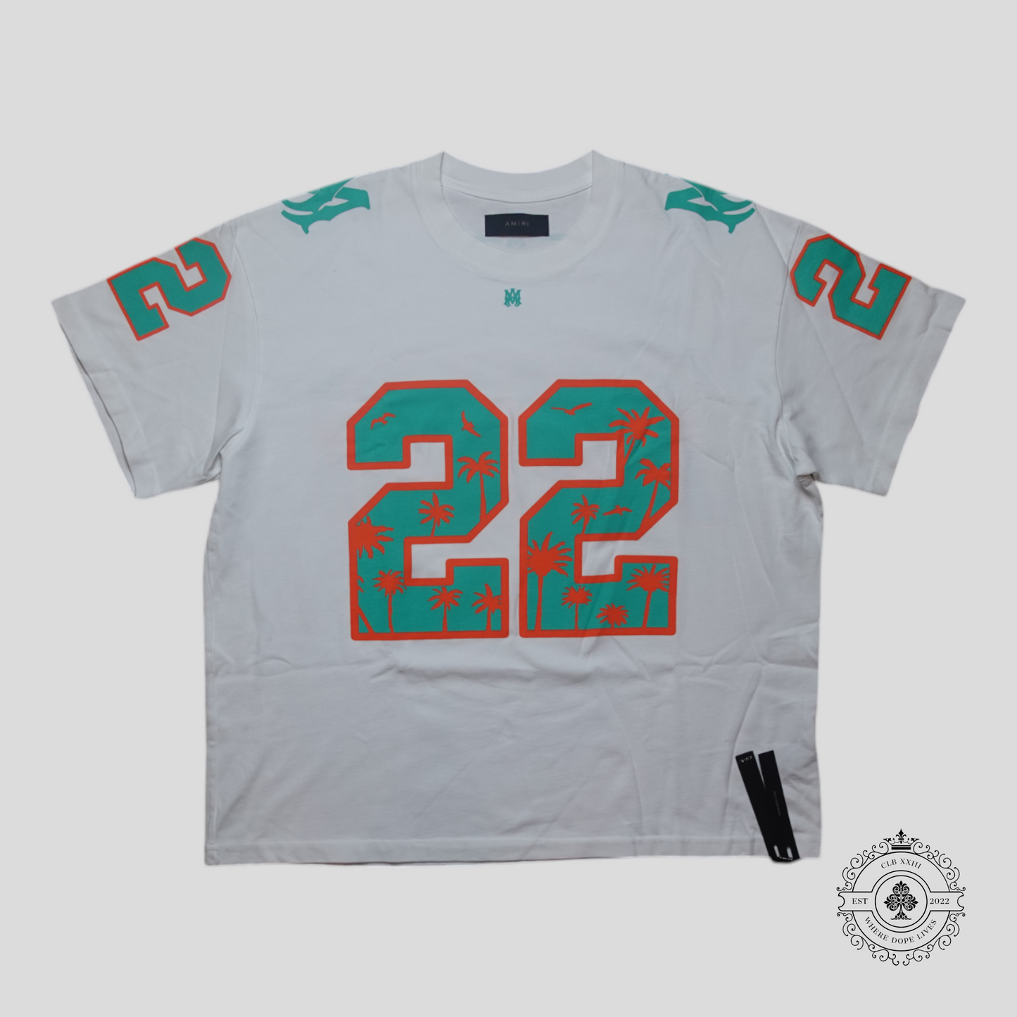 Amiri Palm Tree 22 Oversized Football T-Shirt in White/Mint Green/Orange