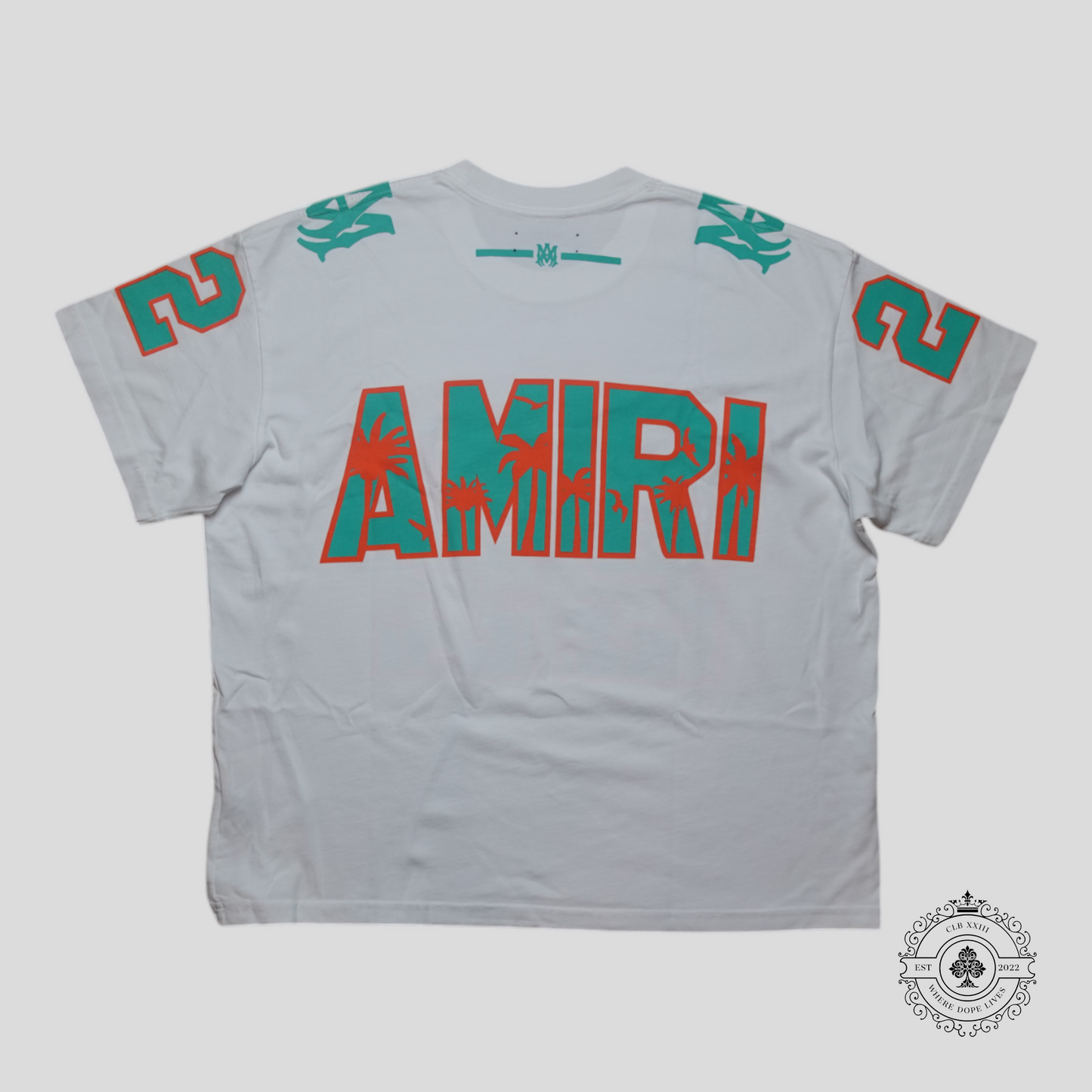 Amiri Palm Tree 22 Oversized Football T-Shirt in White/Mint Green/Orange