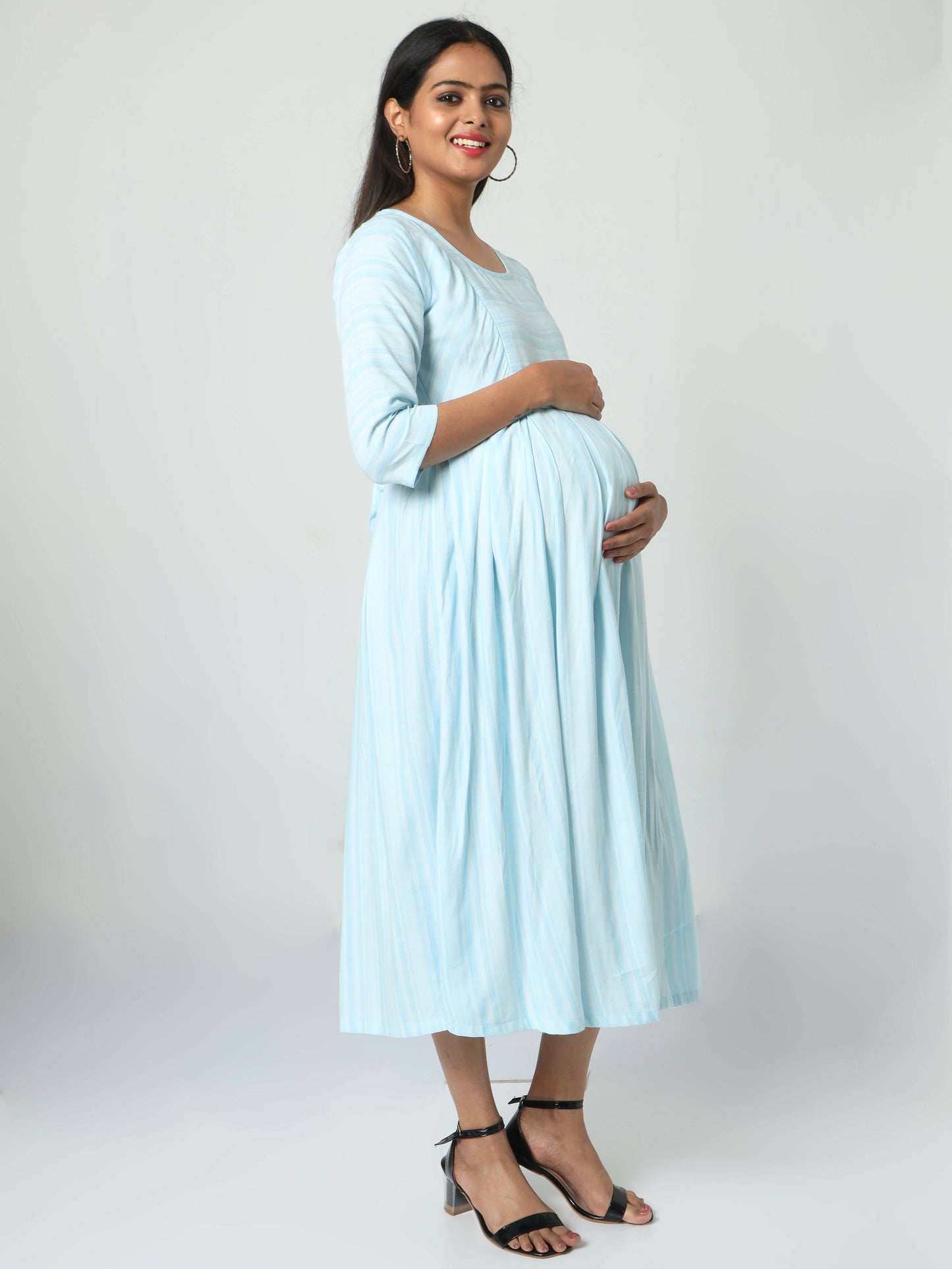 Manet Three Fourth Maternity Dress Striped With Concealed Zipper Nursing Access - Light Blue
