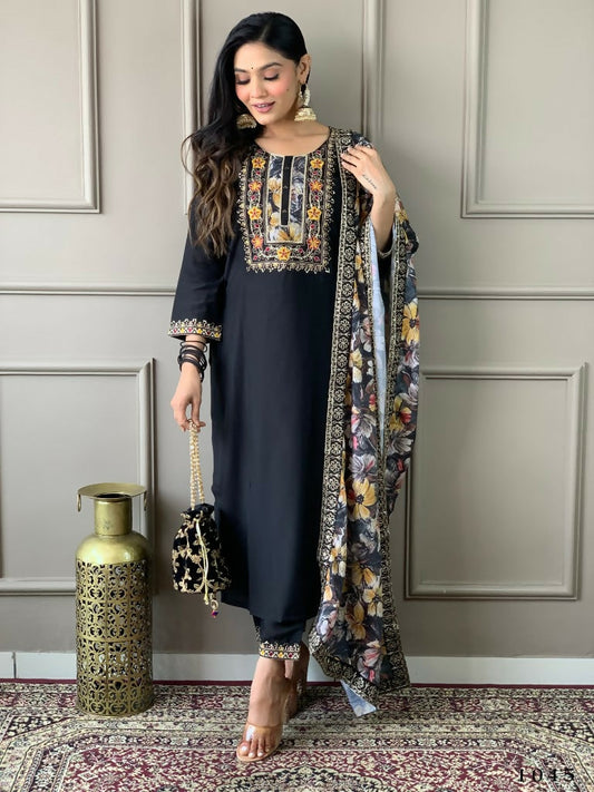Partywear Designer Viscos Chanderi Black Stitched Suit With Dupatta - Tanisha