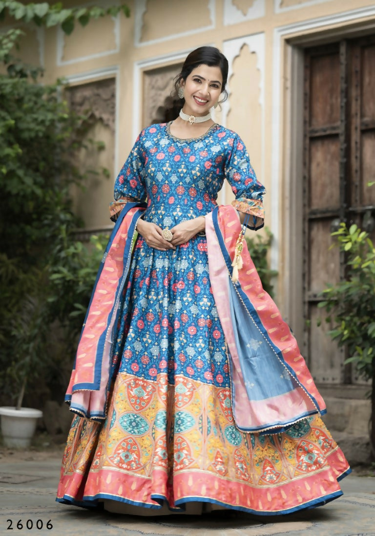 Wedding Designer Blue Soft Dola Silk Anarkali suit with Dupatta - Samanta