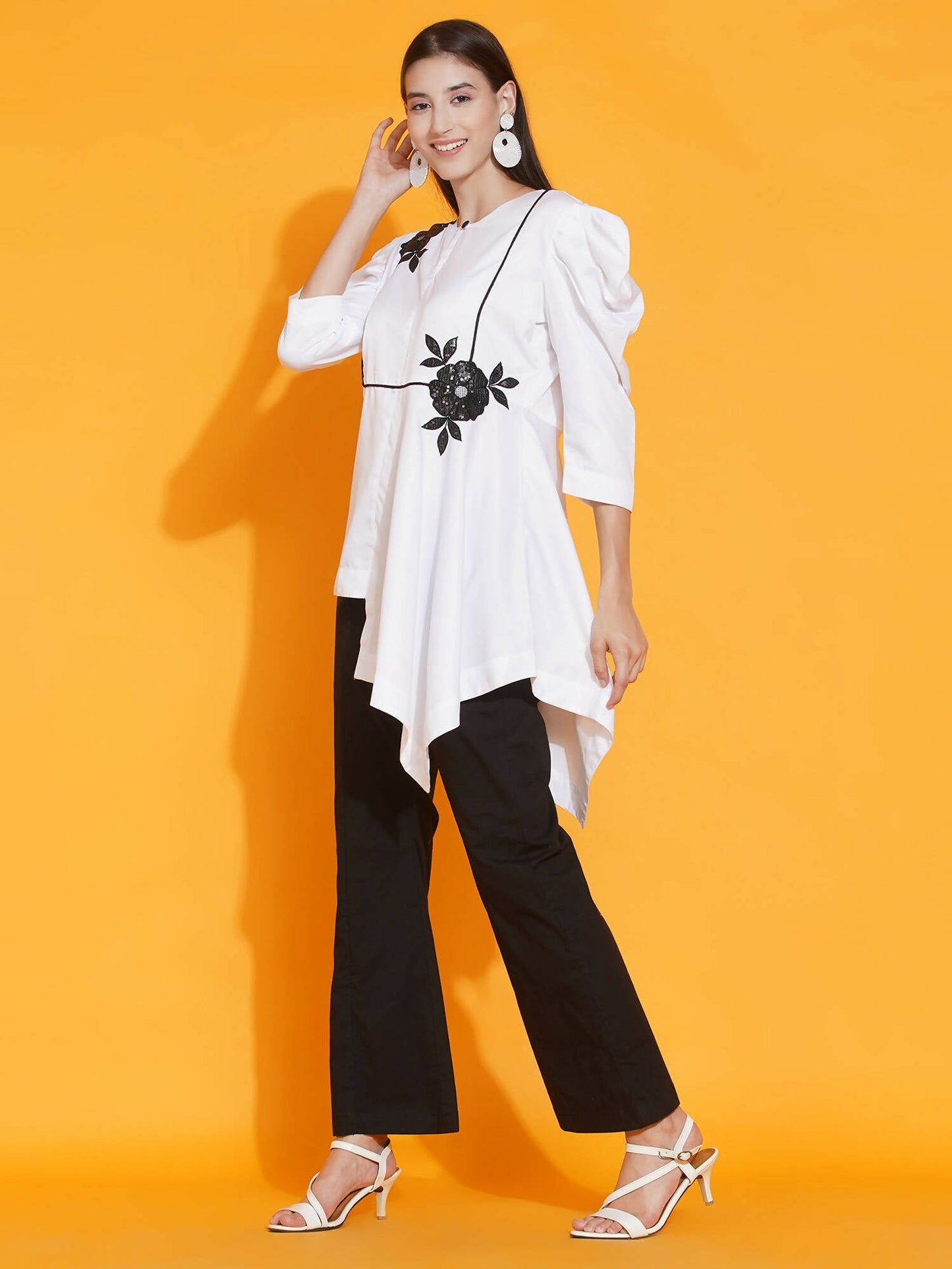 Women Republic White Shirt With Sequence Embroidery And Bellbotton Pants
