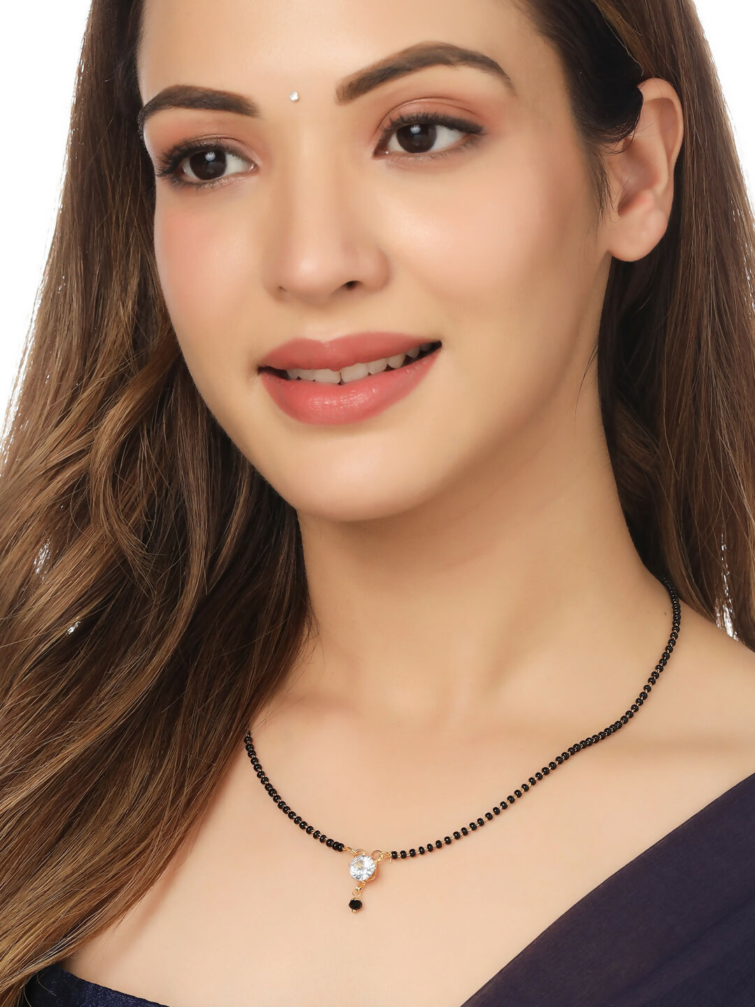 NVR Women's Set of 3 Gold-Polished CZ Stone-Studded & Beaded Mangalsutra