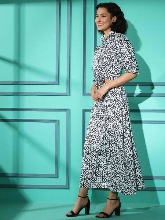 White Crepe Geometric Printed Top with Matching Skirt - Shivani