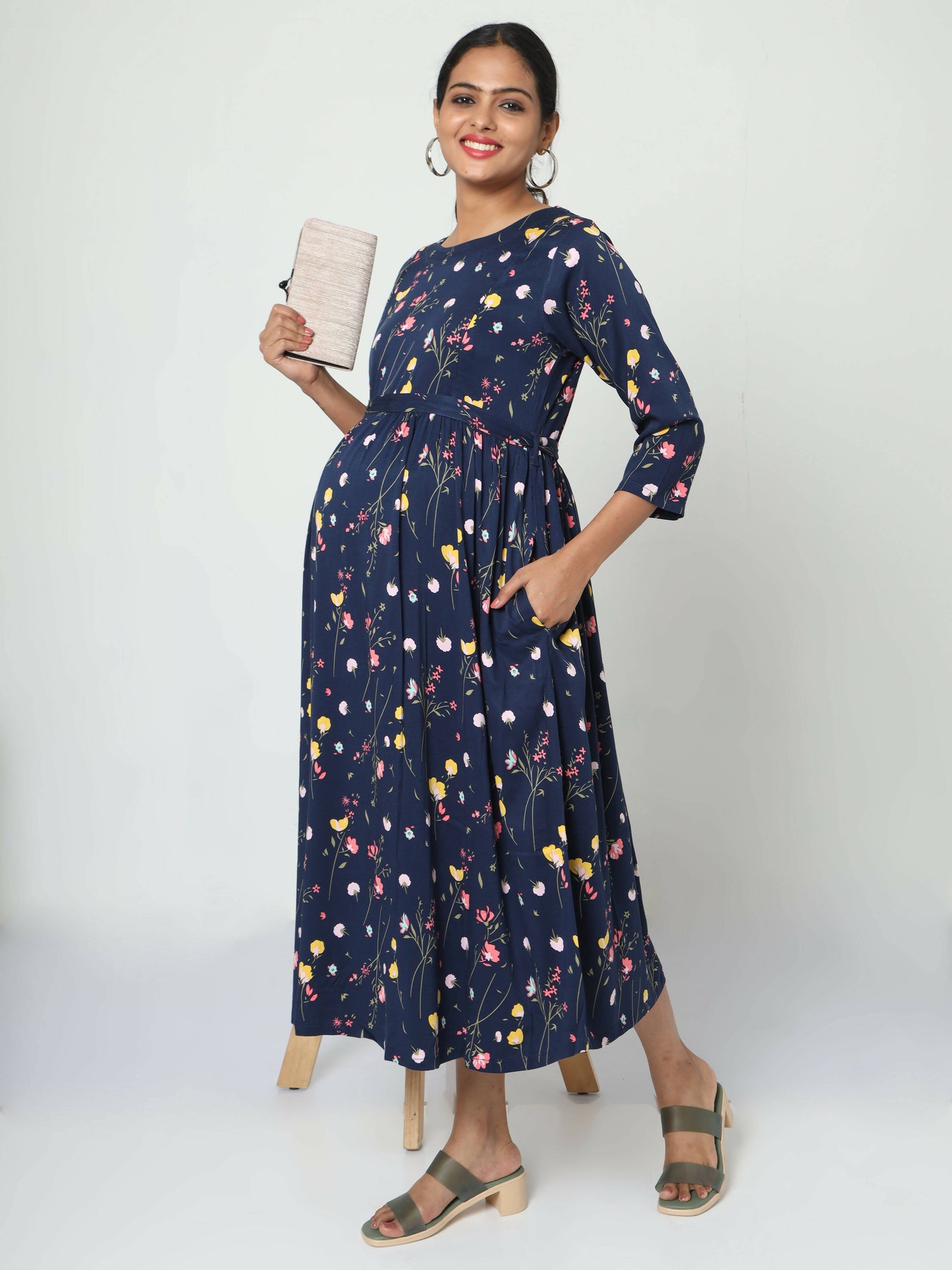 Manet Three Fourth Maternity Dress Floral Print With Concealed Zipper Nursing Access - Navy Blue