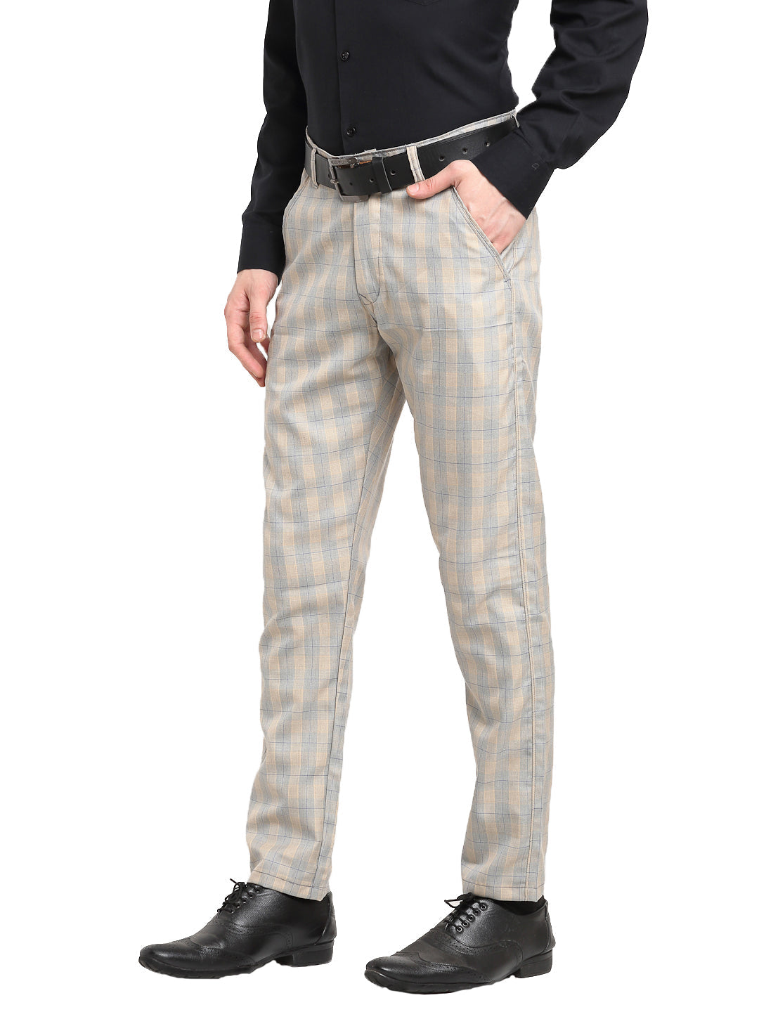Jainish Men's Blue Cotton Checked Formal Trousers ( FGP 267Blue )
