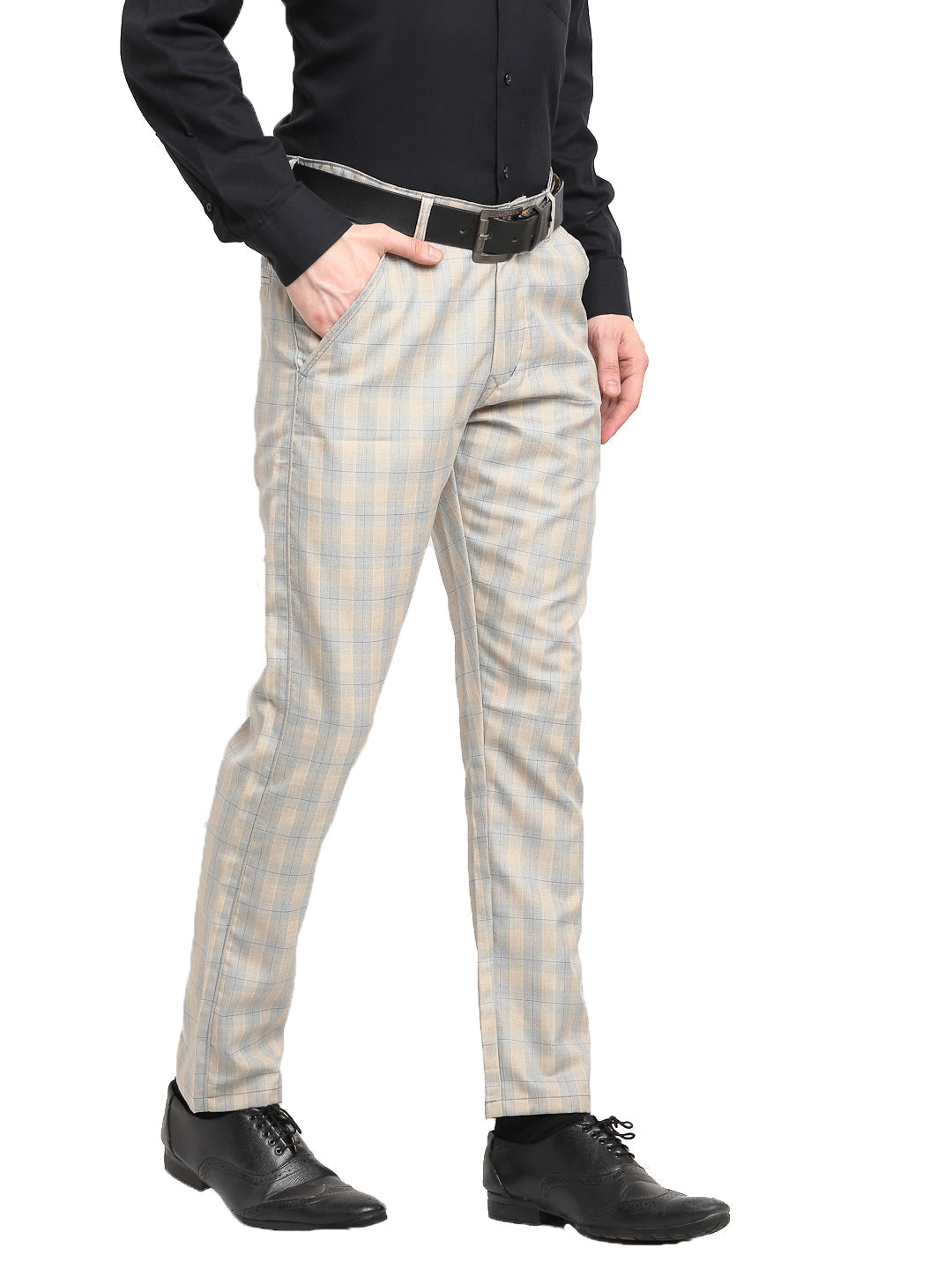 Jainish Men's Blue Cotton Checked Formal Trousers ( FGP 267Blue )