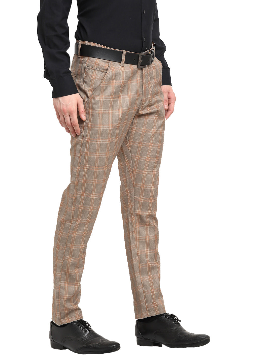 Jainish Men's Brown Cotton Checked Formal Trousers ( FGP 267Brown )