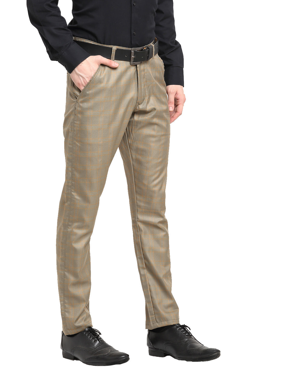 Jainish Men's Brown Cotton Checked Formal Trousers ( FGP 267Dark-Brown )