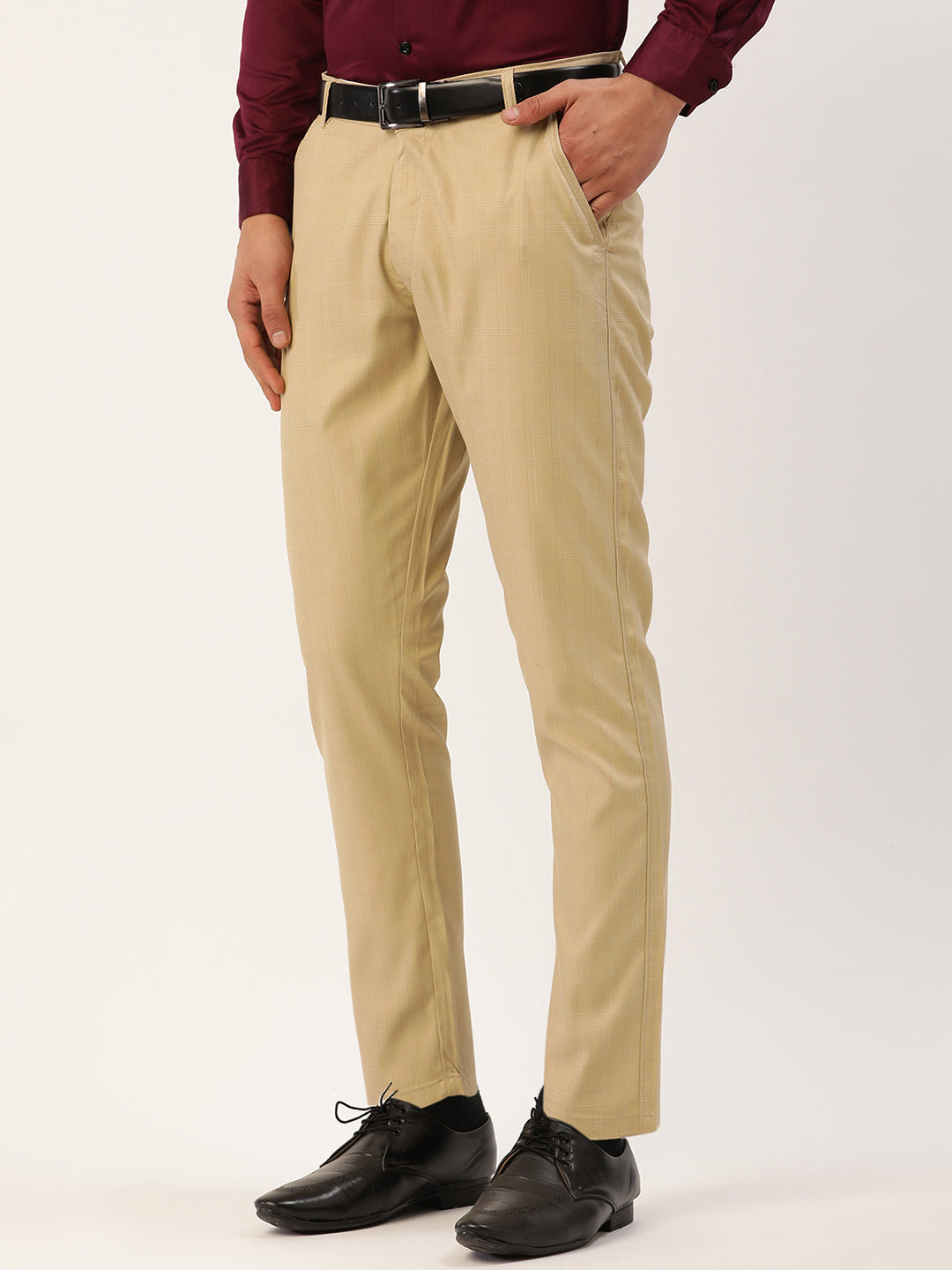 Jainish Men's Beige Checked Formal Trousers ( FGP 270 Beige )