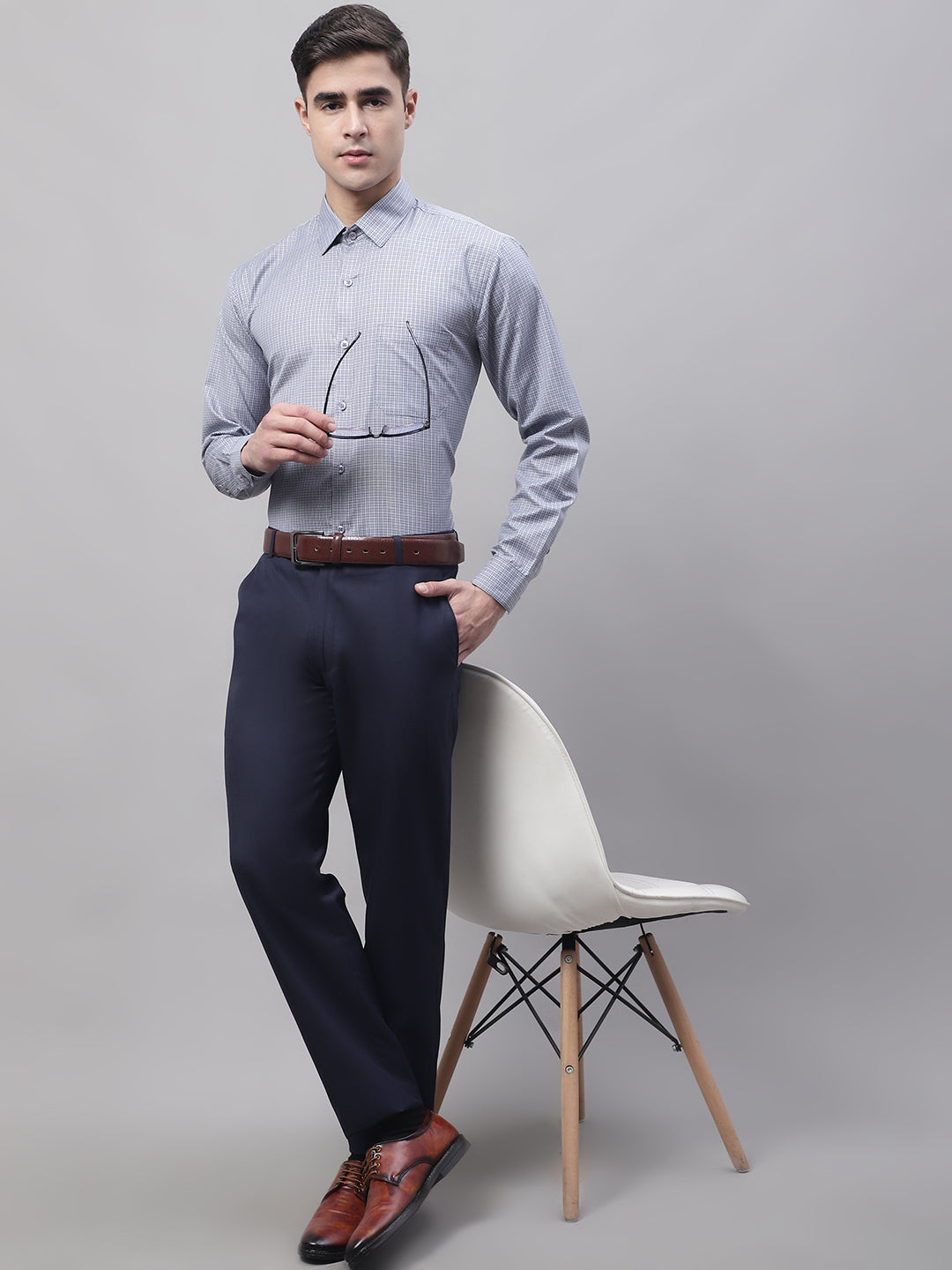 Jainish Men's Navy Tapered Fit Formal Trousers