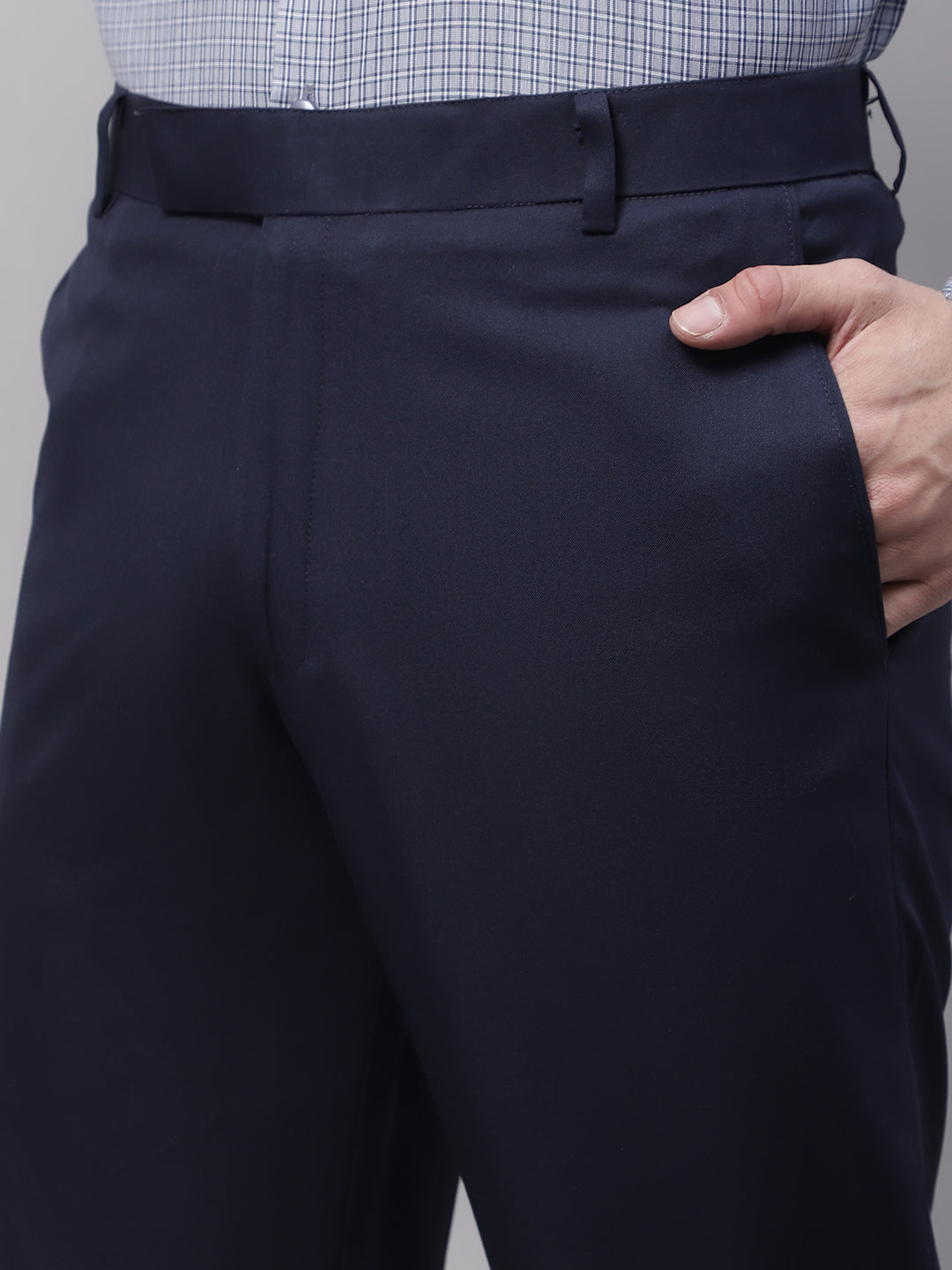 Jainish Men's Navy Tapered Fit Formal Trousers