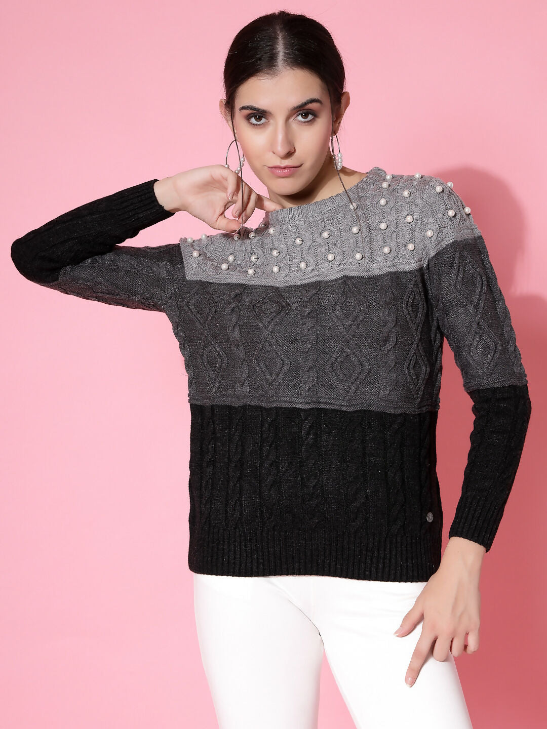Women Color Block Winter Charcoal Acrylic Sweater - Wool Trees