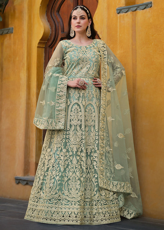 Light Green Pure Butterfly Net Wedding Wear Anarkali Suit - Emponline