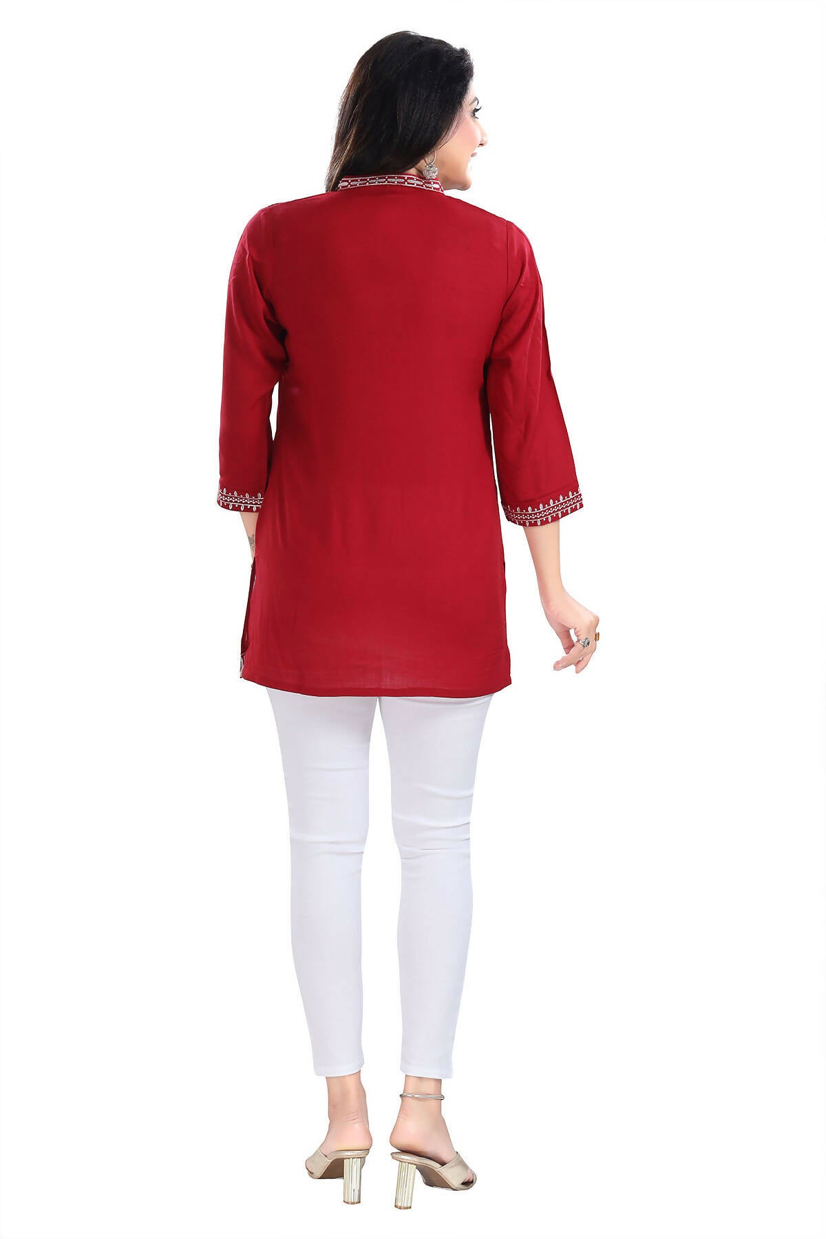 Snehal Creations Rosy Red Women Embroidered Boho Chic Tunic Top