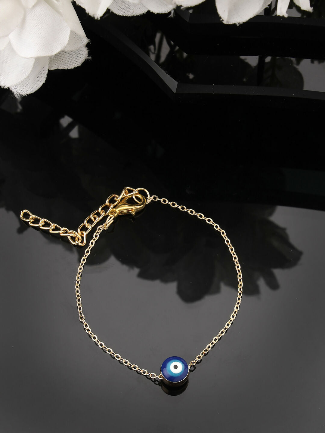 NVR Women Gold-Toned Blue Evil Eye Charm Bracelet
