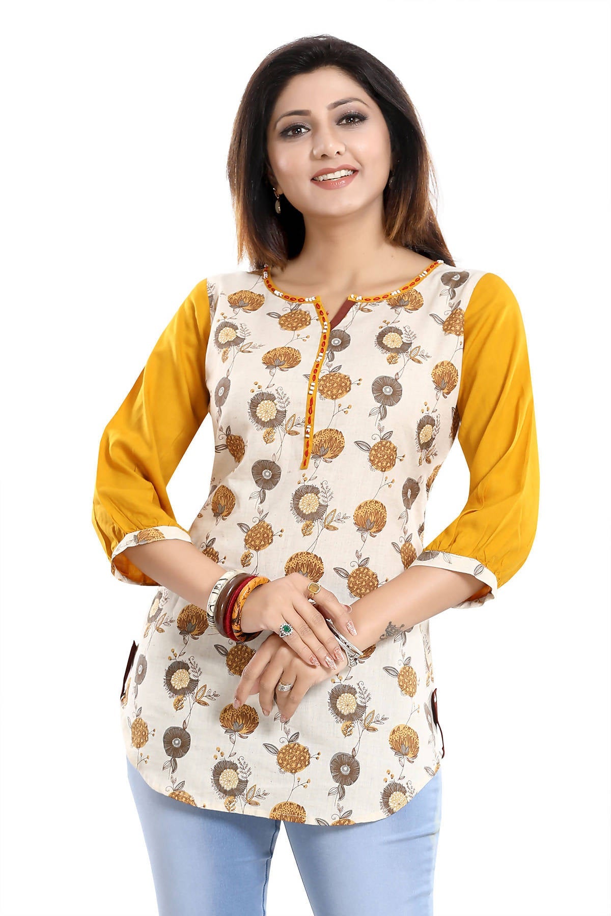 Snehal Creations Cream Cotton Printed Apple-Cut Short Tunic