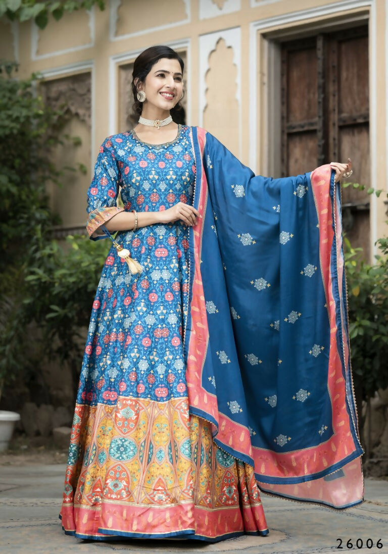 Wedding Designer Blue Soft Dola Silk Anarkali suit with Dupatta - Samanta
