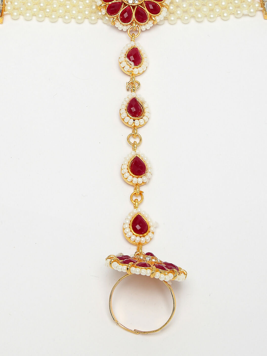 NVR Women's Red Gold-Polished Stone Studded Handcrafted Ring Bracelet