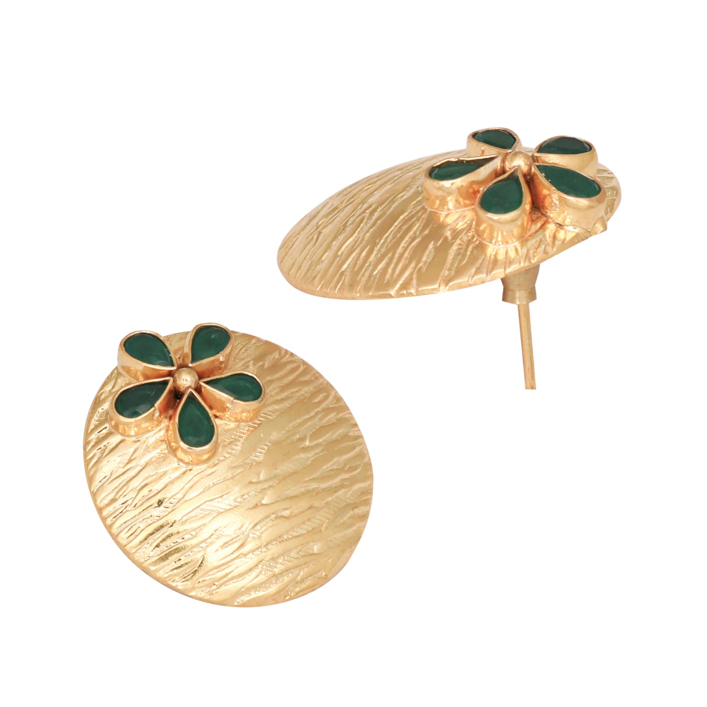 Nuyug 22K Gold-Plated Faux Emerald Stones Studded Circular Floral Shaped Motif Studs
