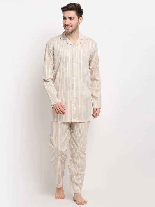 Jainish Men's Cream Cotton Striped Night Suits ( GNS 002Cream )