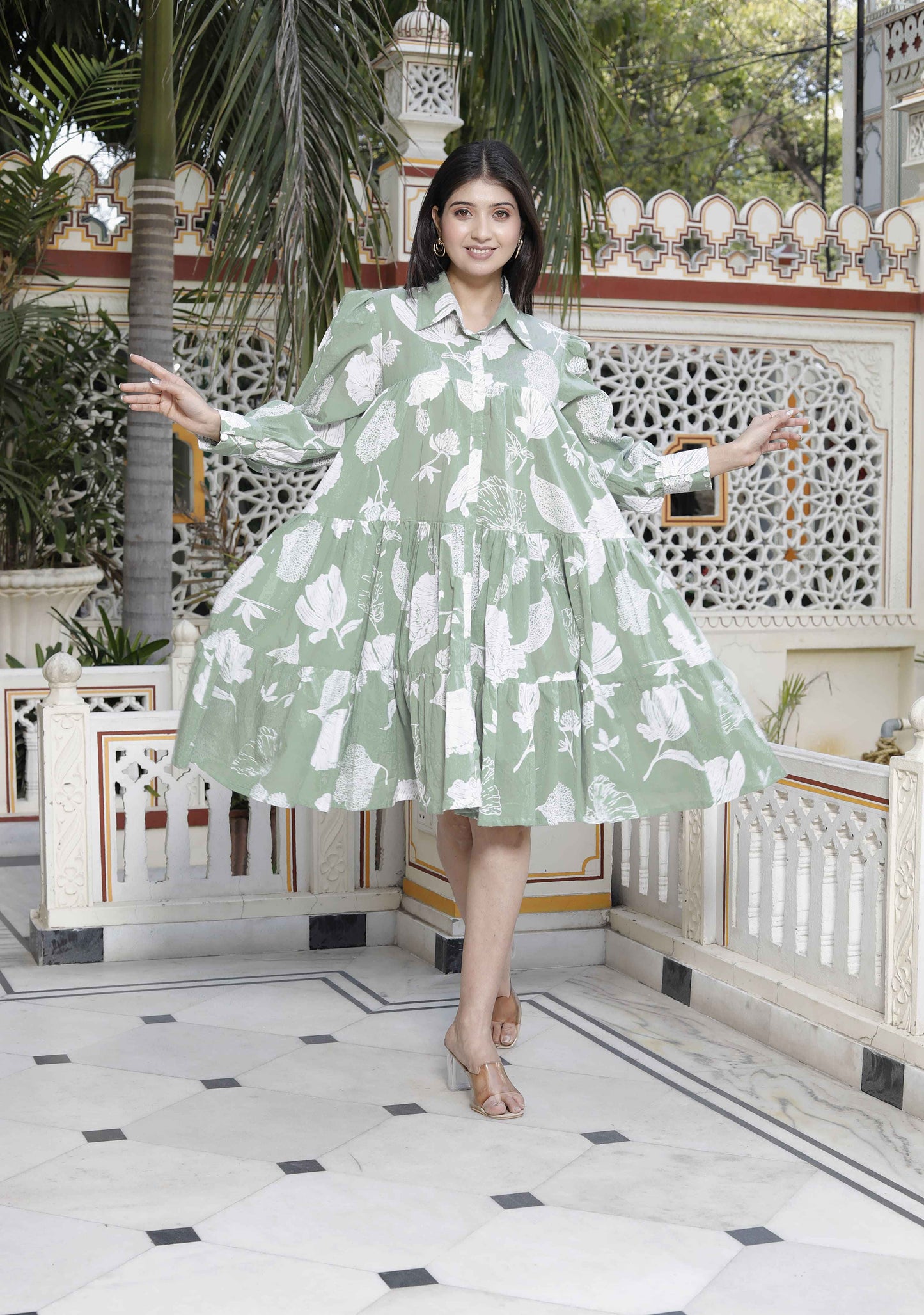 Miravan Women's Pure Cotton Green Long Puff Sleeve Loose Fit Gathered Fit And Flare Tiered Dress