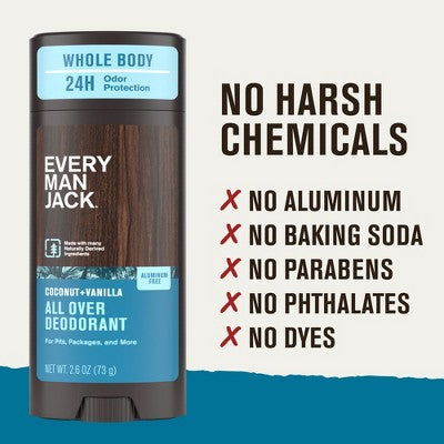 Every Man Jack All Over Solid Deodorant Coconut + Vanilla 2.6oz - New