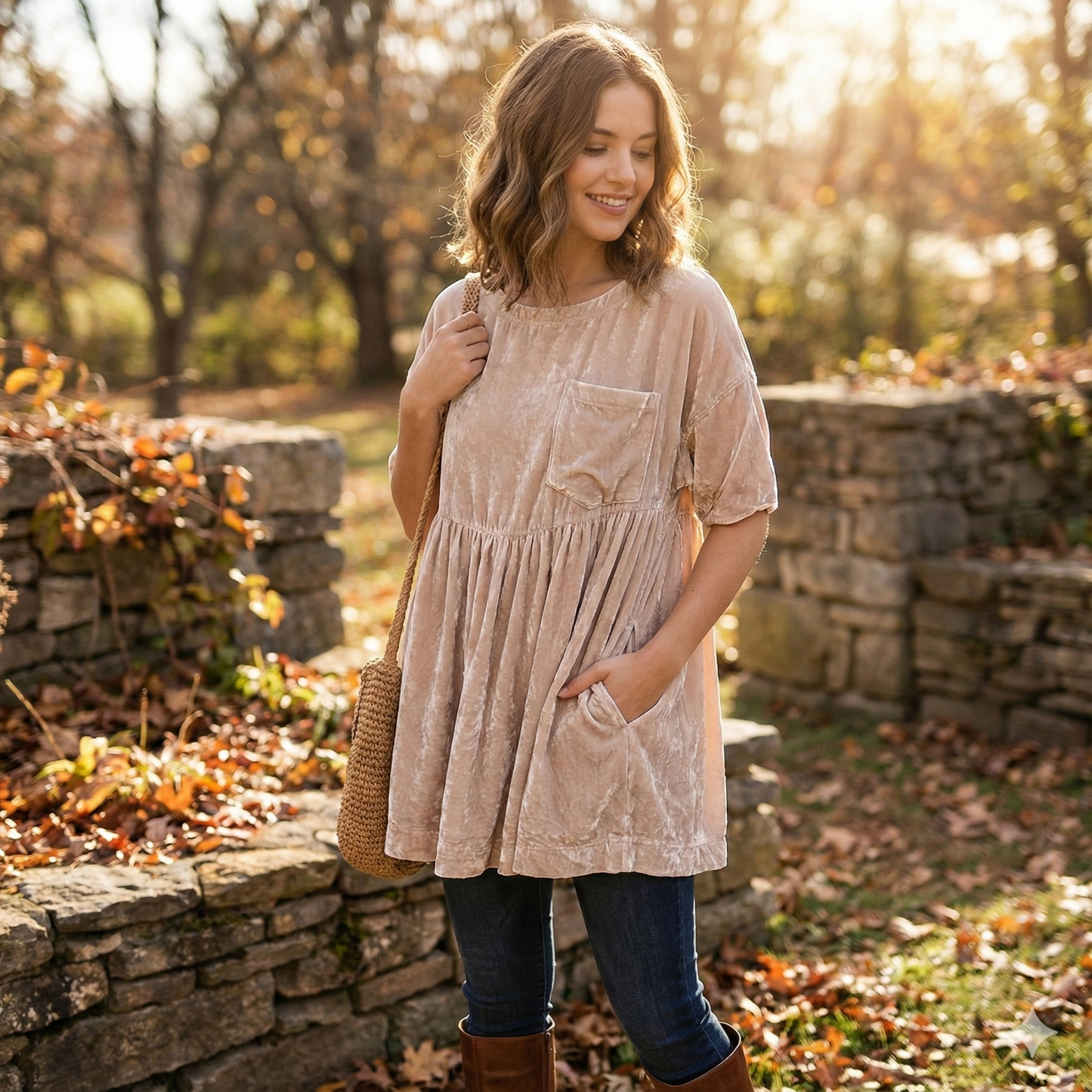 We The Free Moon City Velvet Babydoll Top, Small