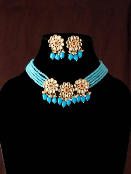 Mominos Fashion Johar Kamal Women's Sky Blue Beads Pearls Gold-Polished Jewellery Set