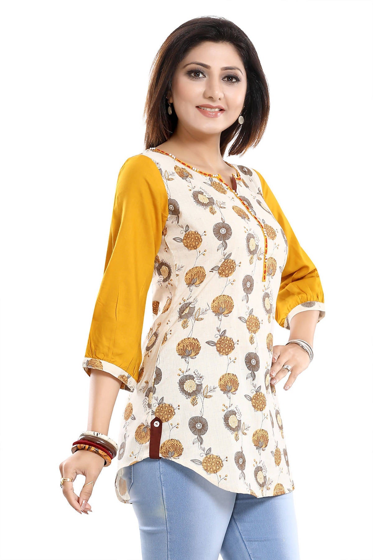 Snehal Creations Cream Cotton Printed Apple-Cut Short Tunic